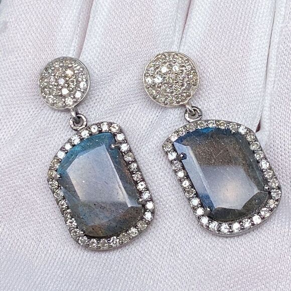 Adornia Fine Black Rhodium Sterling Silver Labradorite Diamond Drop Earrings - Picture 1 of 15